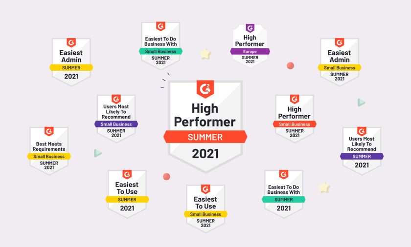 Various badges and awards that Storyblok has won in the G2 Summer 2021 reports