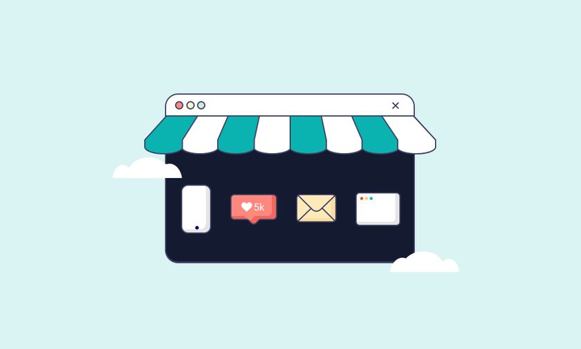An image of a storefront with several marketing channels.