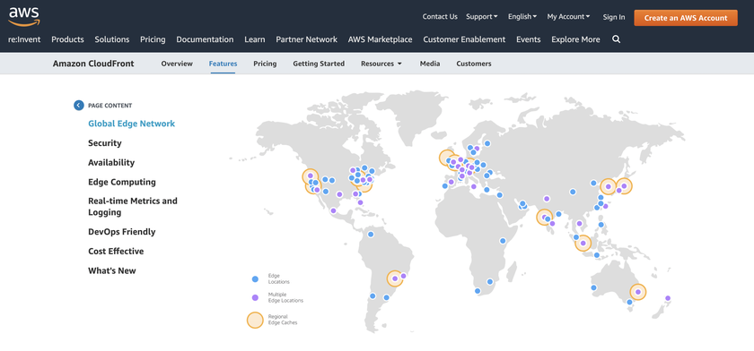 A screenshot of a map showing the Global CDN nodes offered by AWS and used by Storyblok