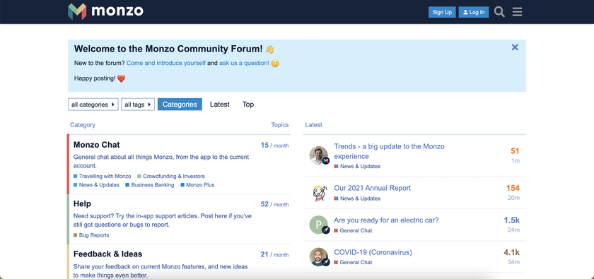 A screenshot of Monzo's community website