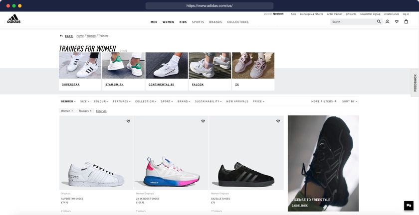 Adidas product page with on-site search and filter system