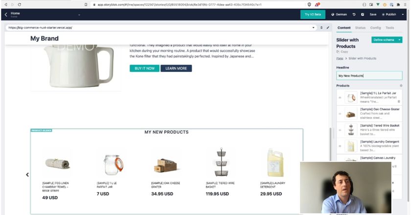 A screenshot of Sebastian Gierlinger presenting eCommerce solutions with a Storyblok as Headless CMS