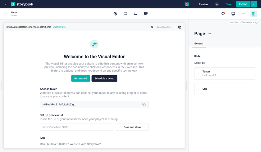 Default screen on the Home story of the Visual Editor