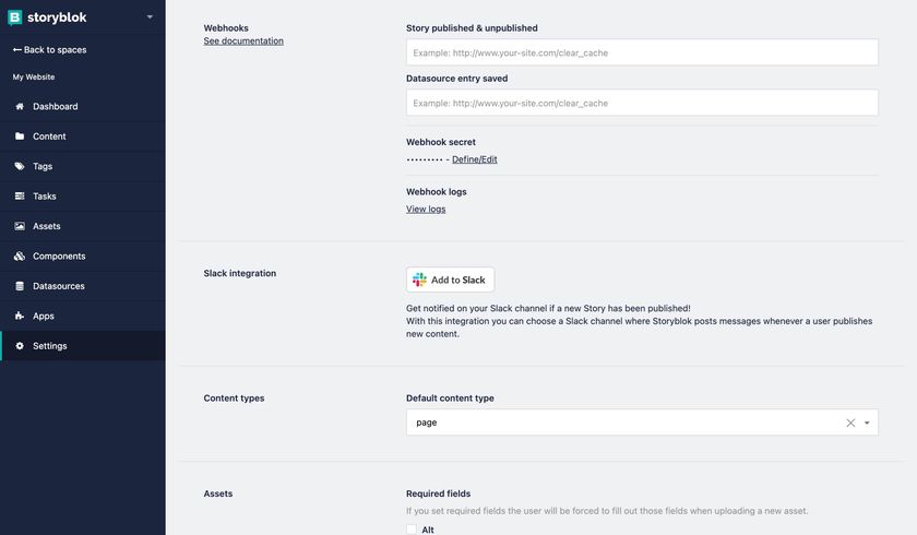 Webhooks settings in the Storyblok App