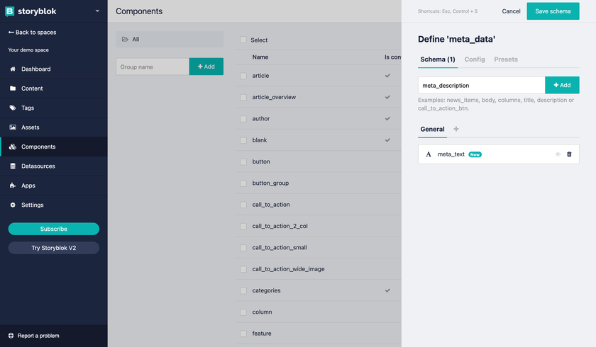 Defining the Schema of the new component