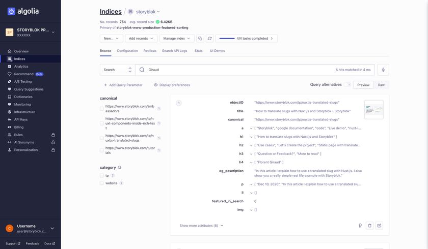 An index with data in Algolia