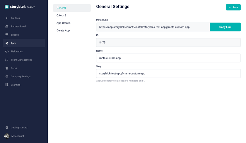 Settings page for a Custom Storyblok App