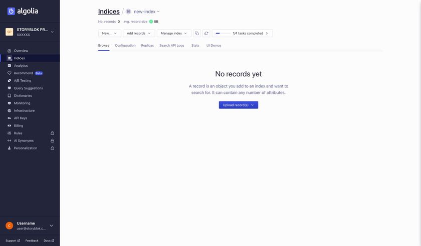 Interface of a new index in Algolia