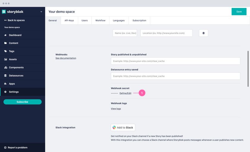 Screenshot of Storyblok settings. Marker: 1 Webhook secret - Define/Edit