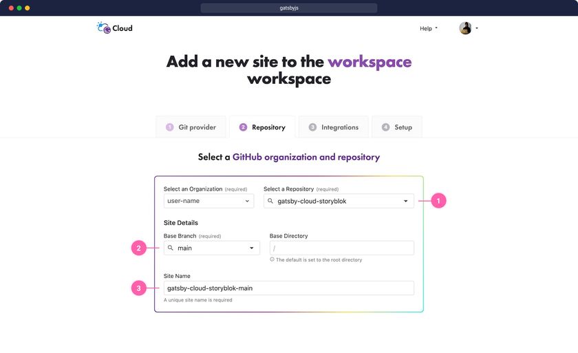 Select a GitHub organisation and repository