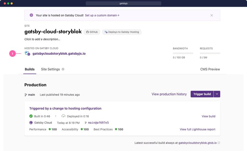 Find the generated preview URL in Gatsby Cloud