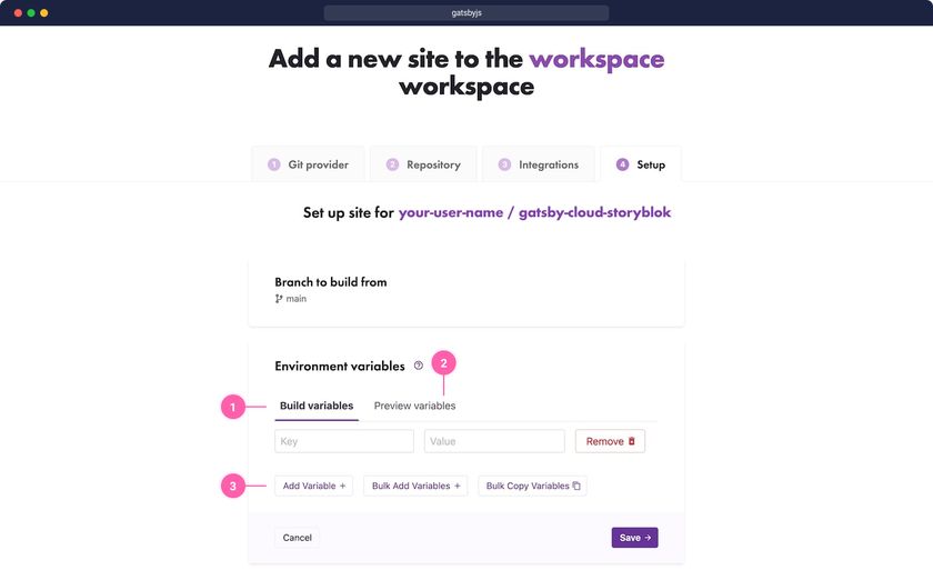 Add build variable, preview variable, and space ID