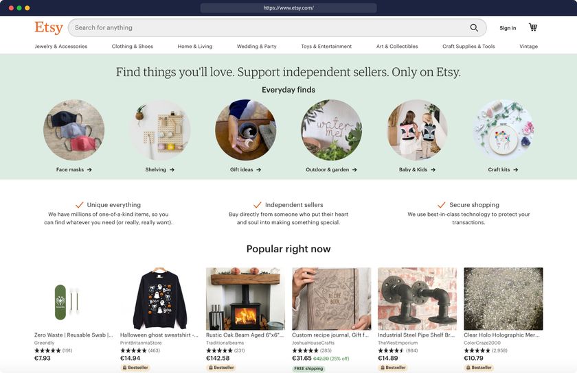 Etsy's inspiration and discover page