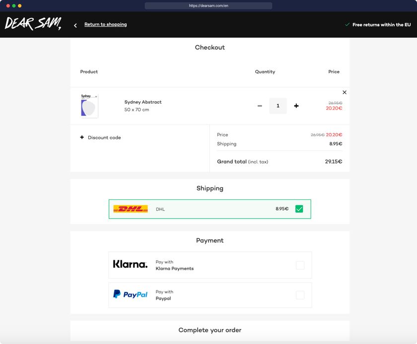 Dear Sam's one-page checkout page
