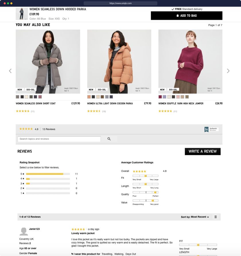 Uniqlo's product page with recommendations and reviews
