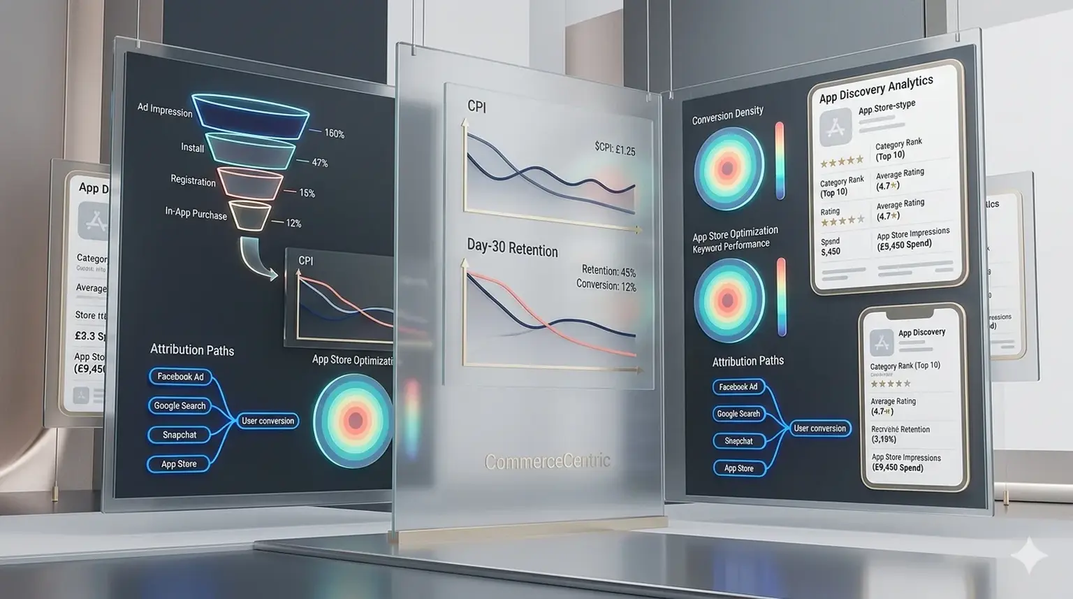 App user acquisition analytics with performance graphs and conversion metrics