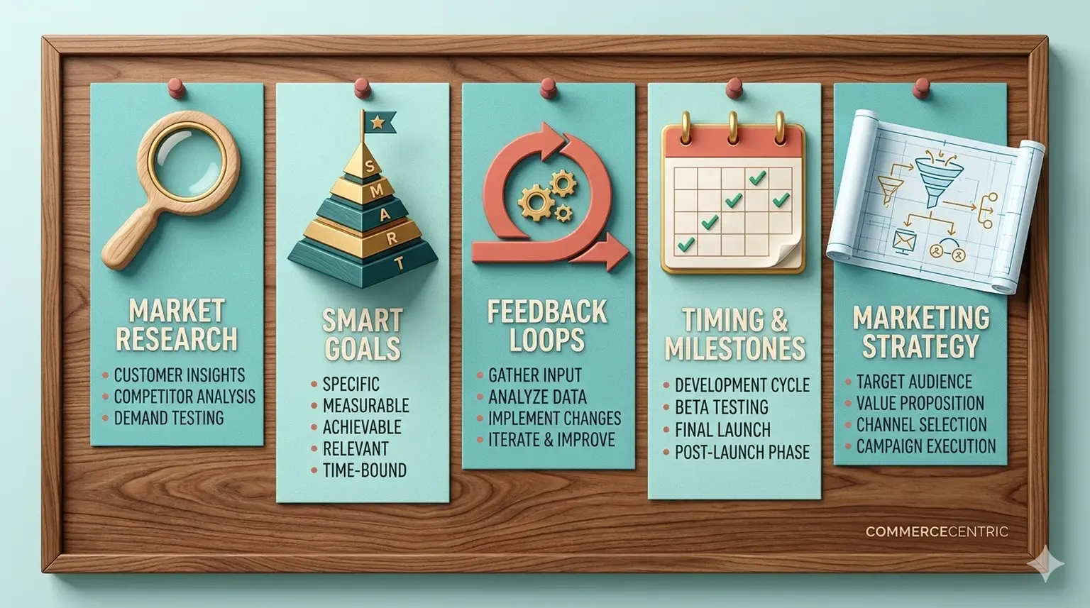 Key product launch takeaways pinned on board