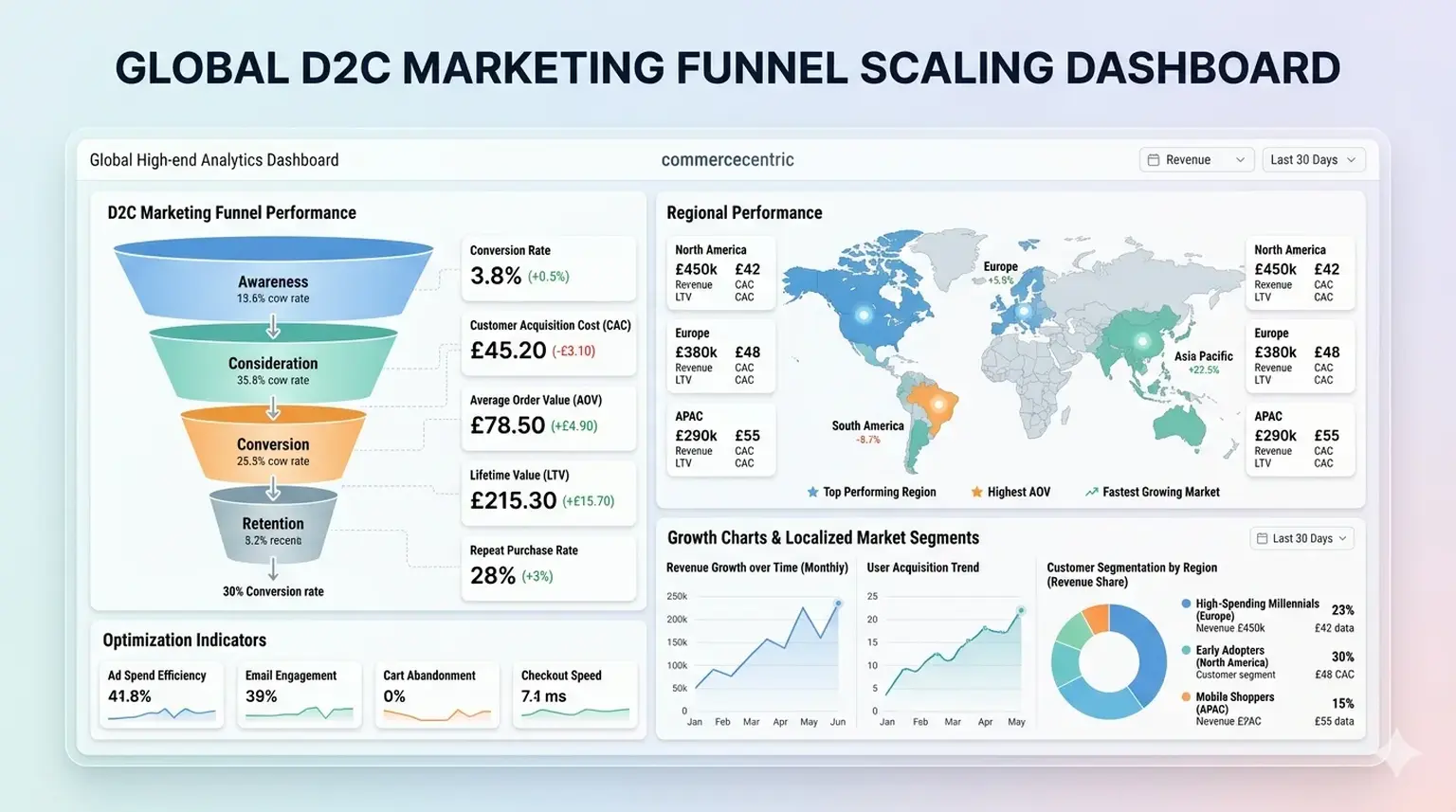 Global D2C funnel metrics for scaling and conversion