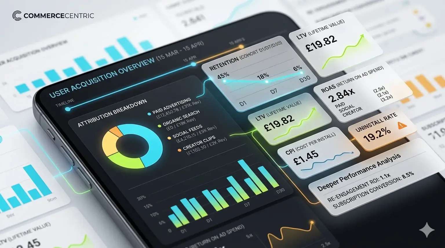 Advanced app acquisition metrics displayed on a clean analytics dashboard