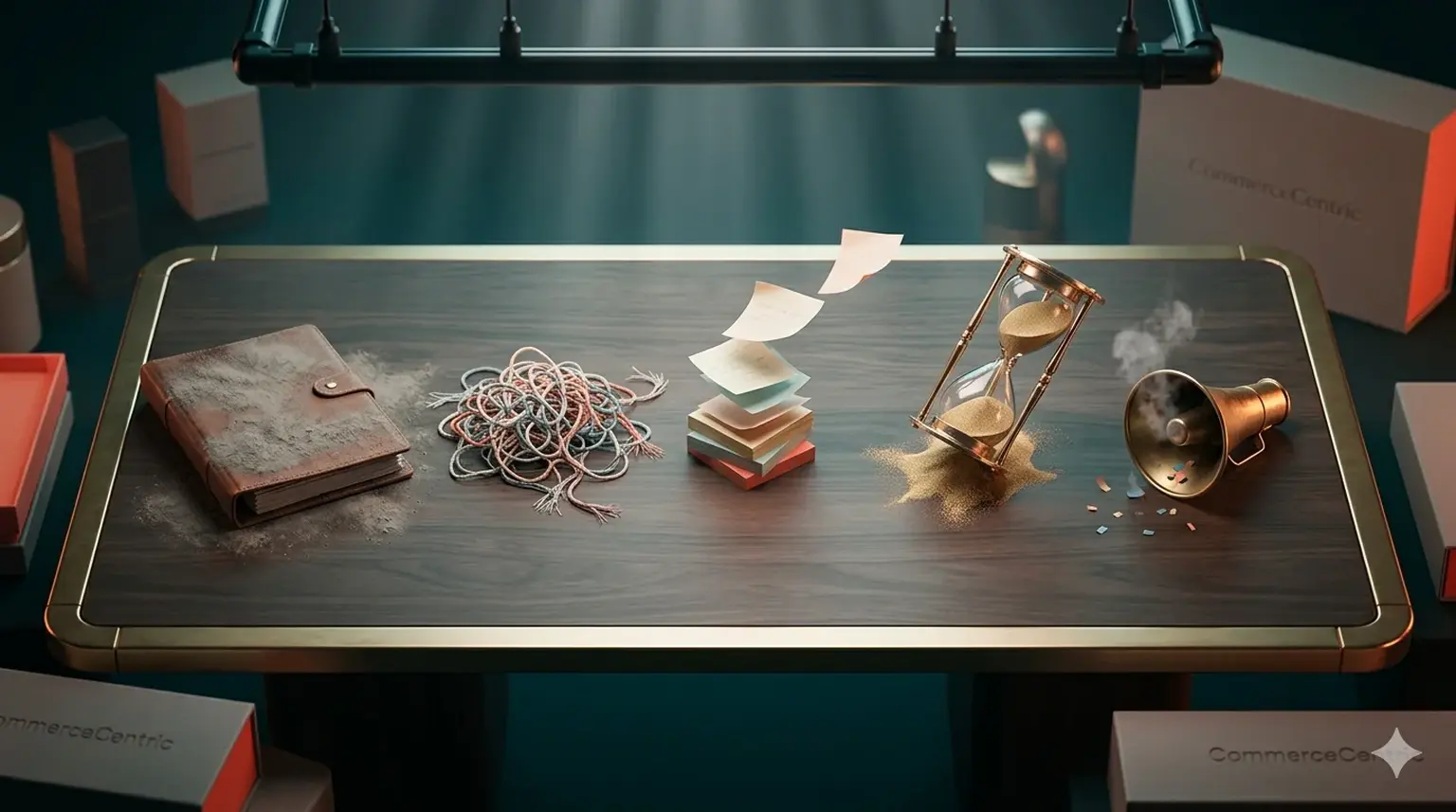 Common product launch mistakes as symbolic objects on table