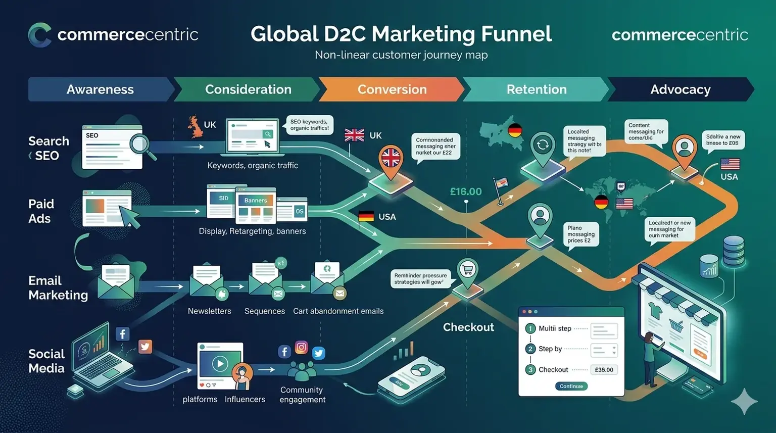 Global D2C funnel stages from awareness to retention