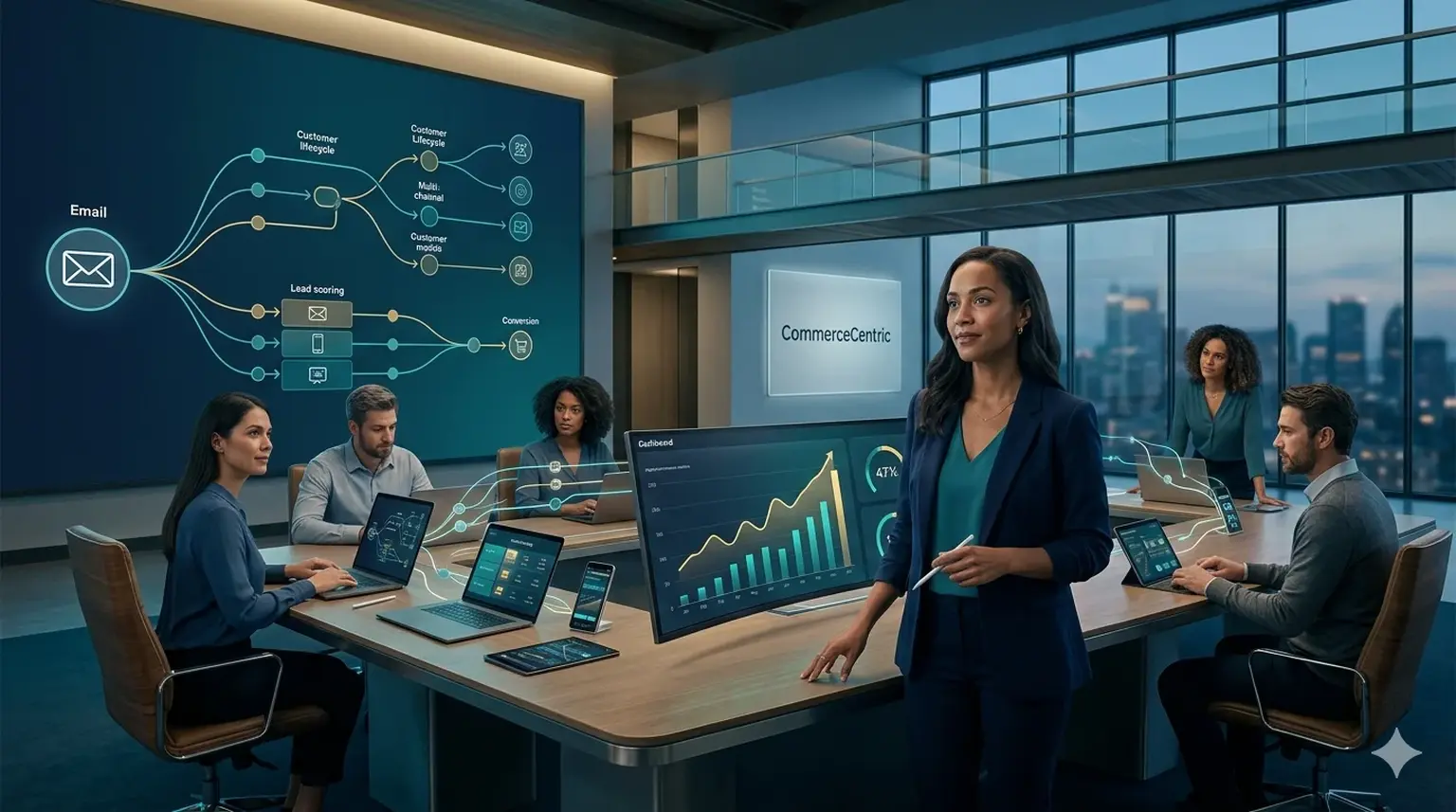 Marketing automation blog hero with dashboards