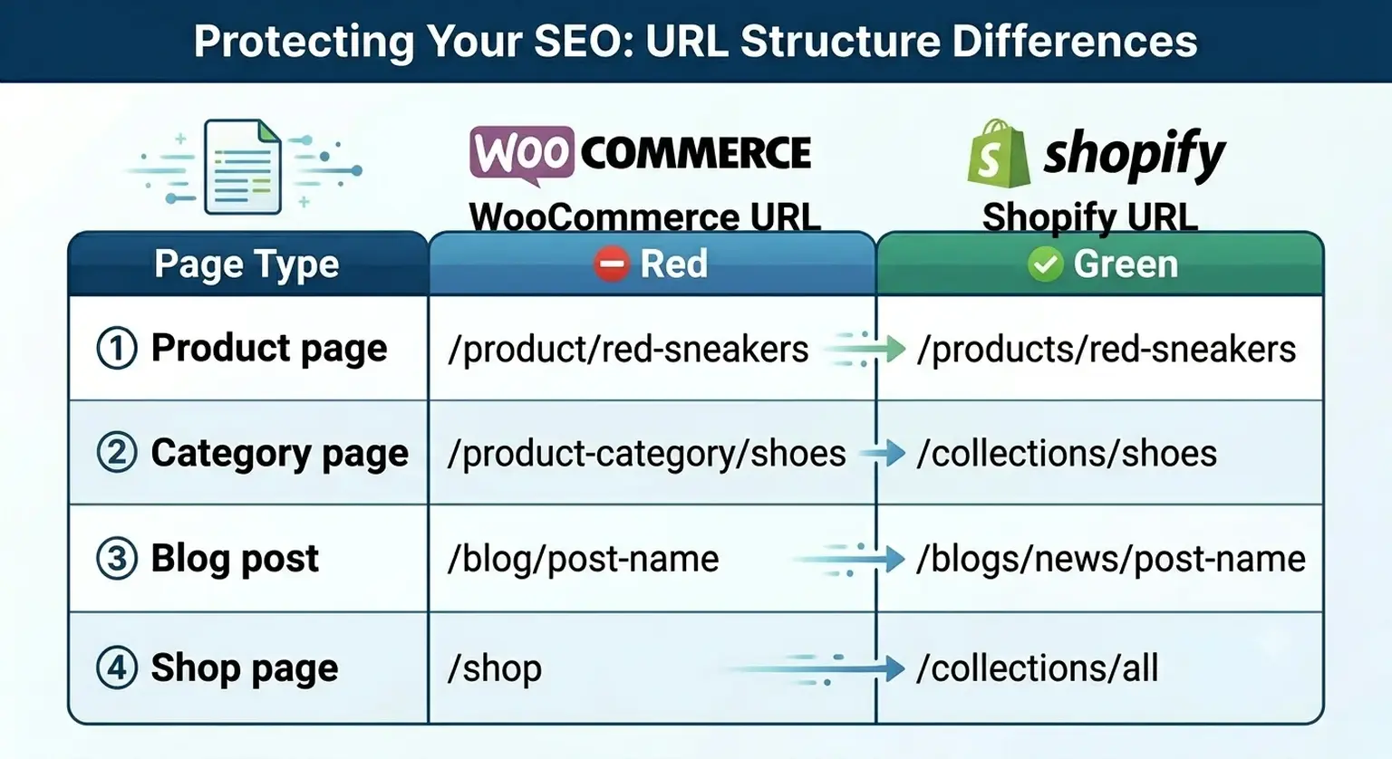 SEO chart comparing WooCommerce and Shopify URL structures