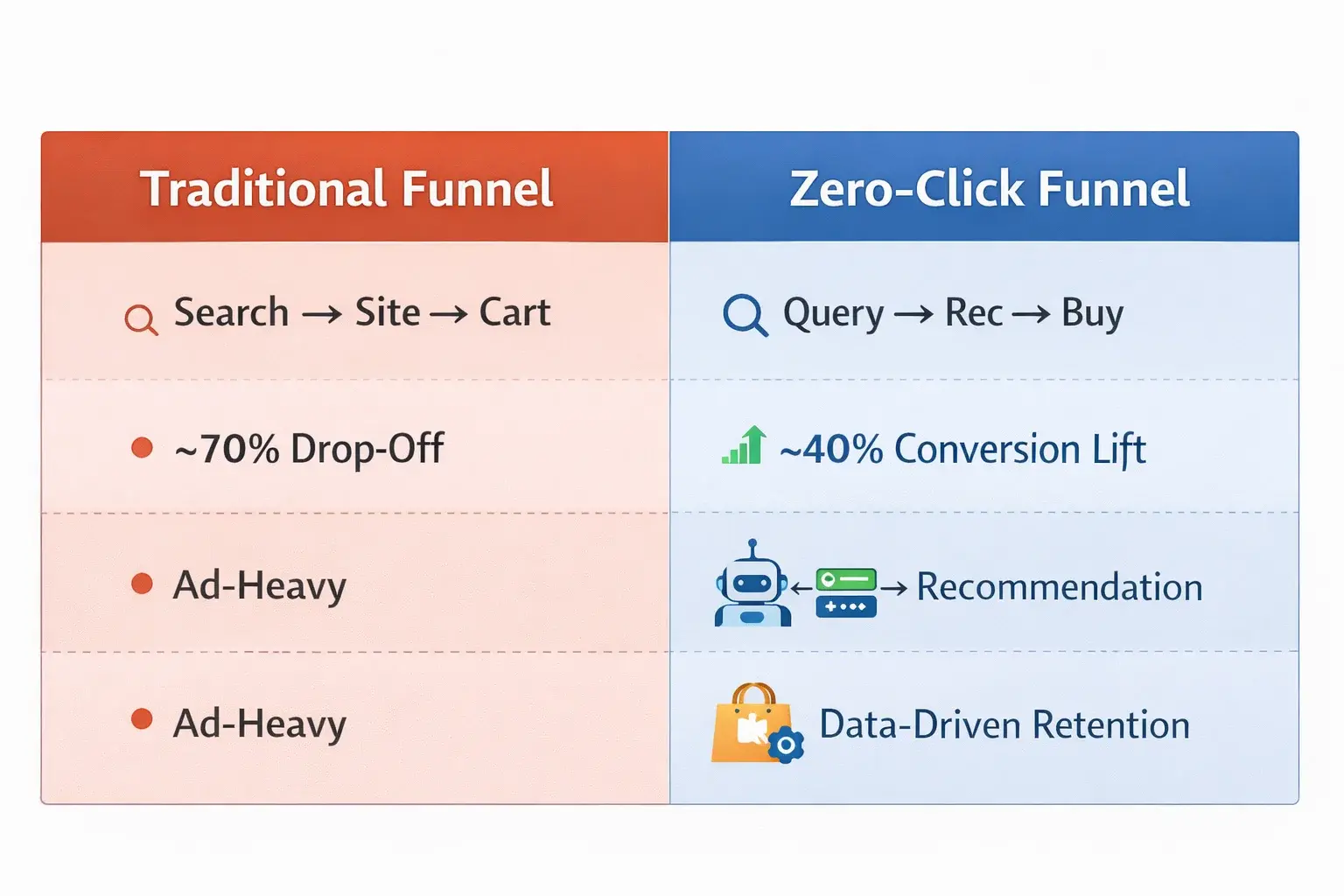 Traditional vs zero-click shopping funnel comparison