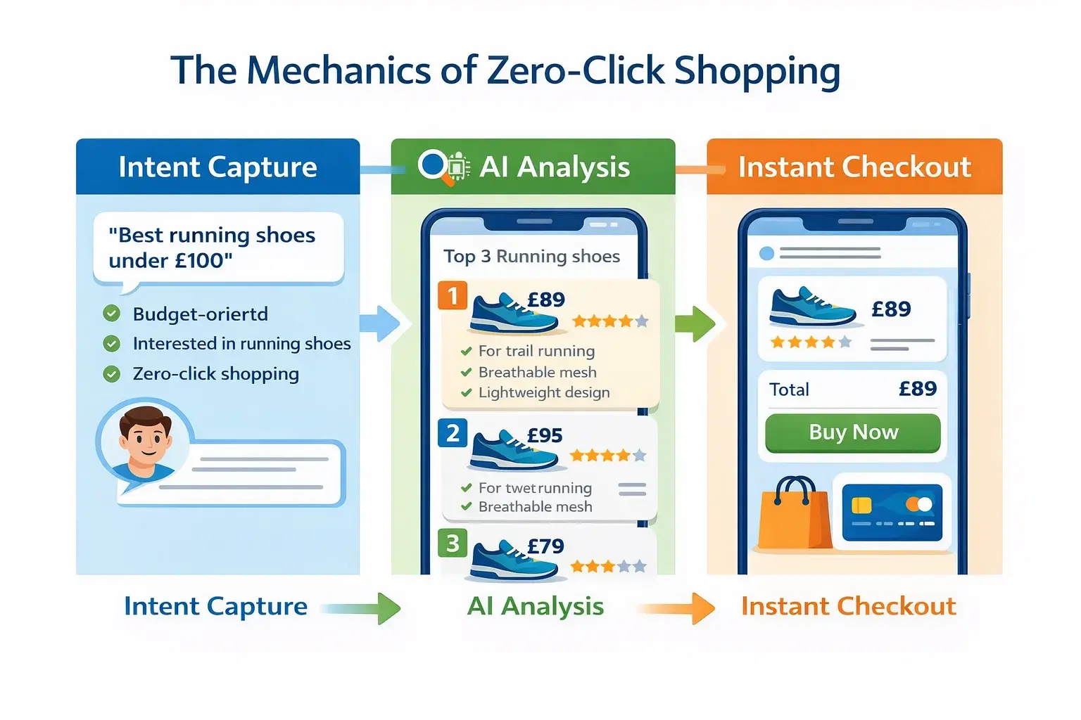 Three-step zero-click shopping process diagram