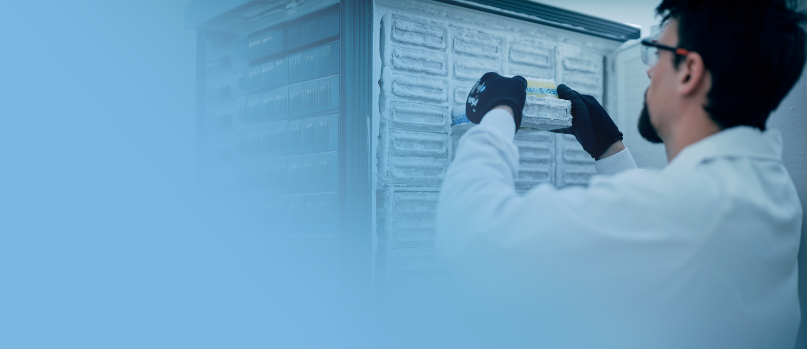 Un homme, de dos, place des tubes à essai dans un congélateur industriel. Il porte des gants pour le froid.