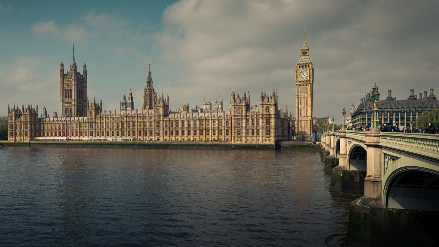 View across the River Thames towards Big Ben and the Palace of Westminster in London.