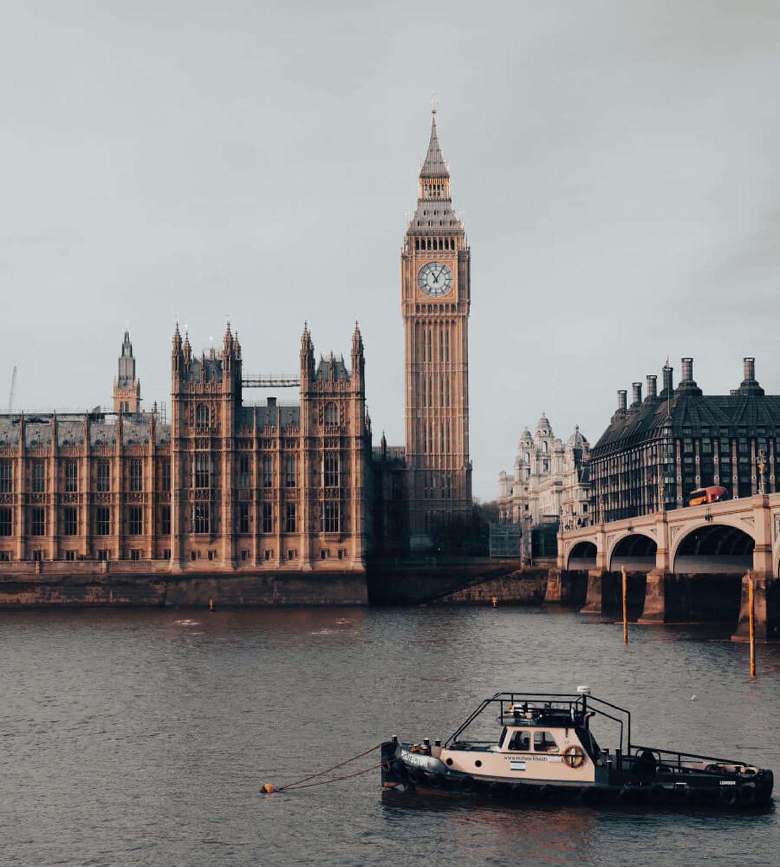 View of Big Ben and the Houses of Parliament along the River Thames in London.