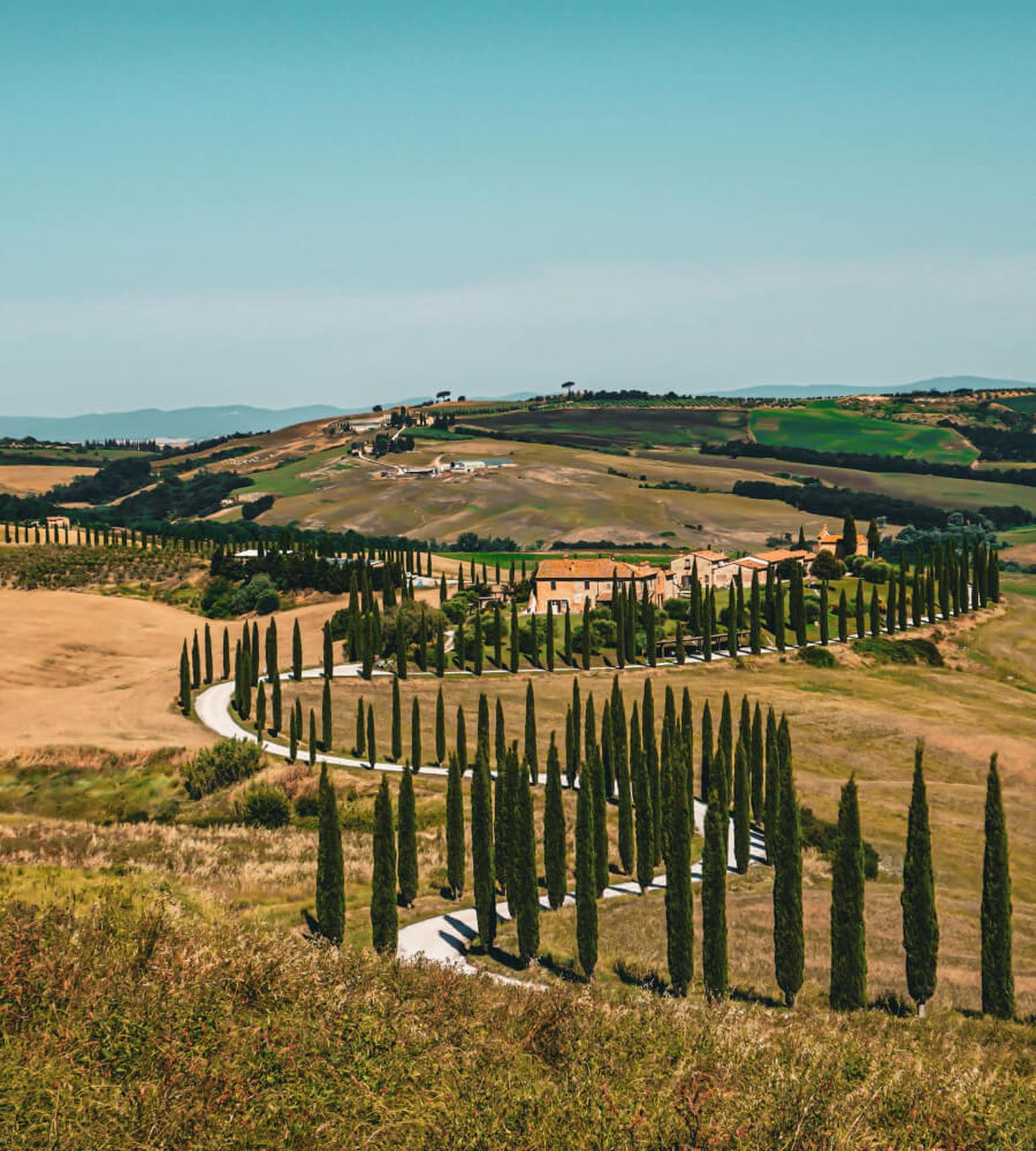 Zypressenallee zwischen grünen Hügeln in der Toskana – italienische Landschaft entdecken