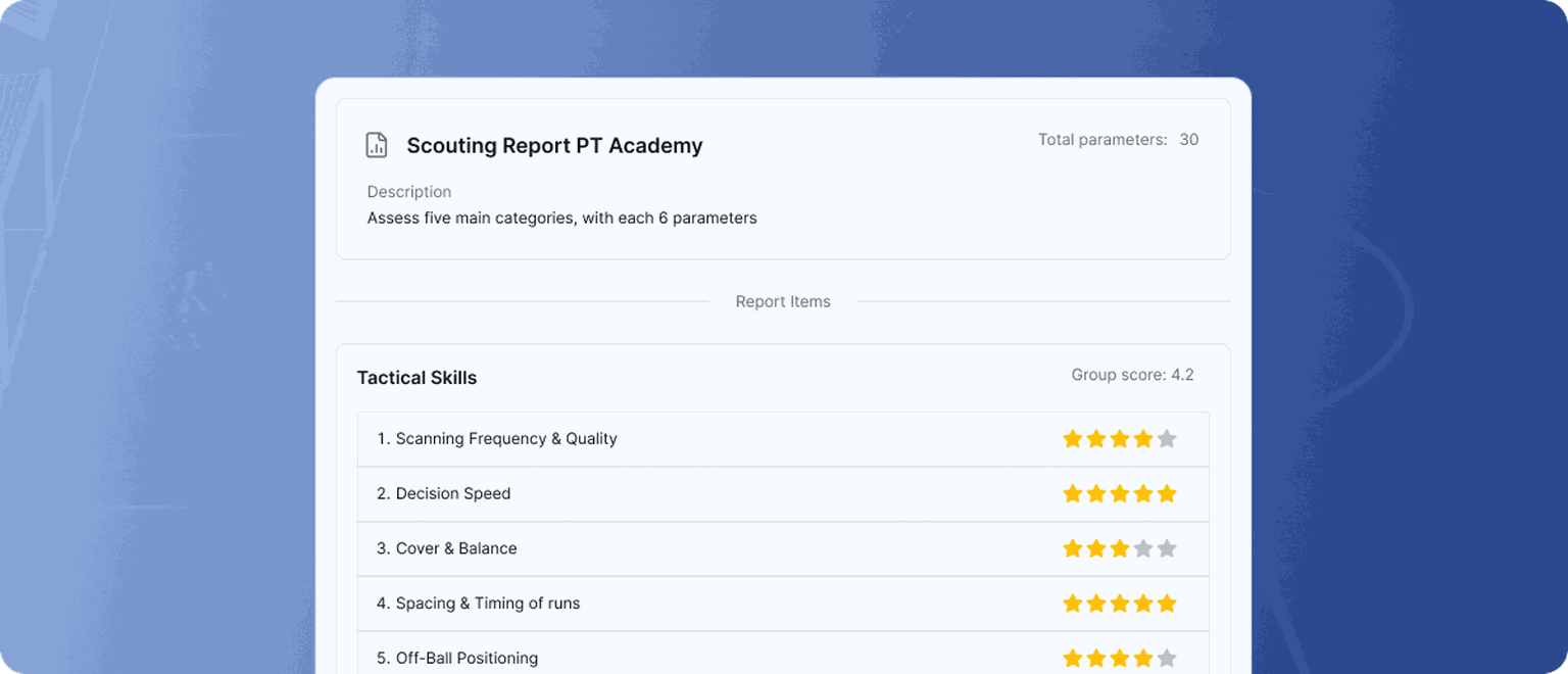 A scouting report template created with planet.training app showing assessment parameters