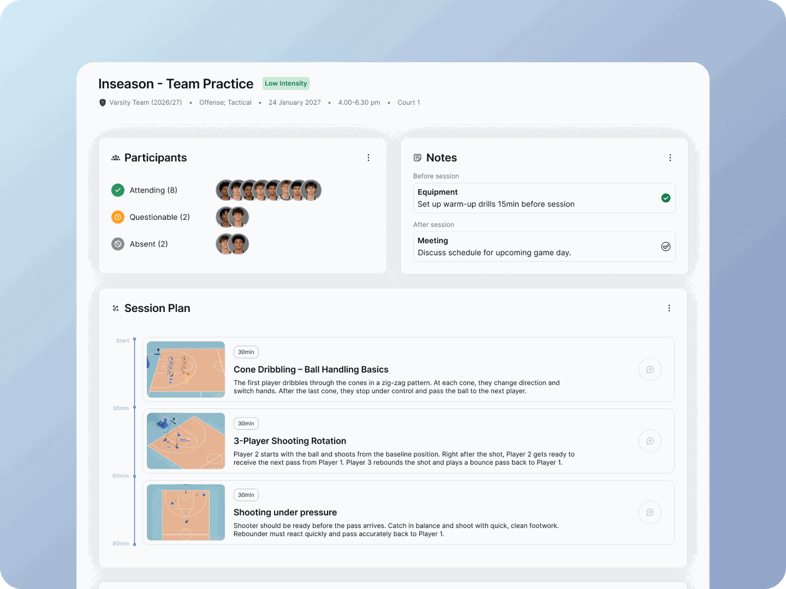 Preview of a Software that lets Basketball Coaches create practice plans and analyze player performance