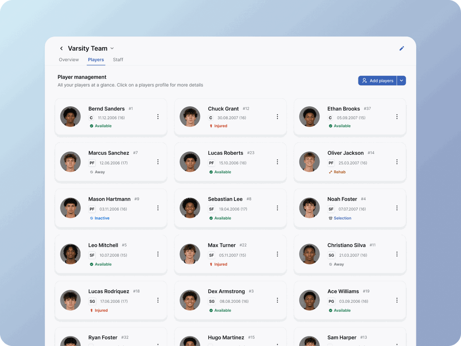 Managing a basketball team with the planet.training platform allows to keep overview of all players and staff