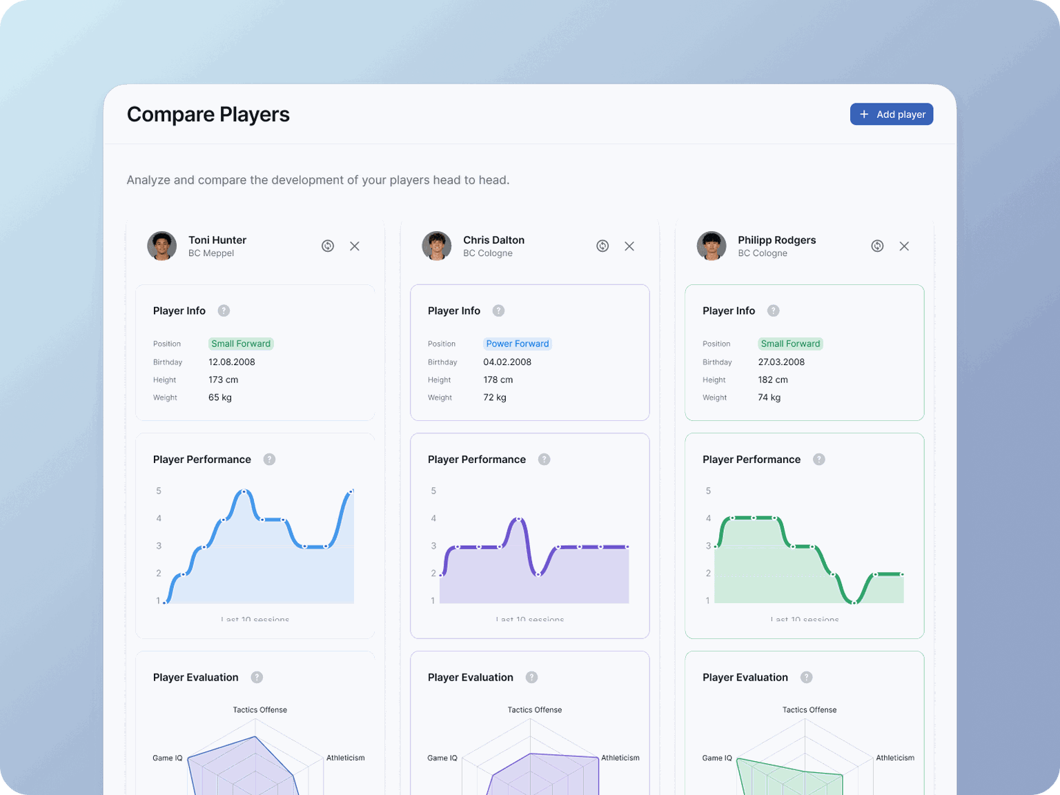 App interface of a player comparison feature for basketball coaches