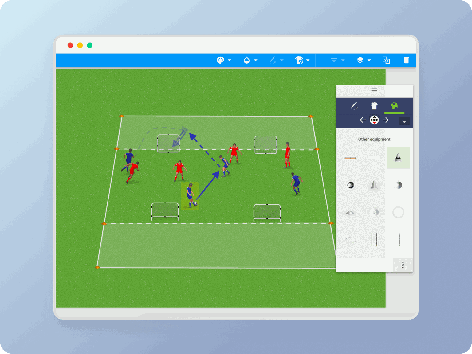 An application that provides templates, player icons and equipment tools to design and visualize professional drills
