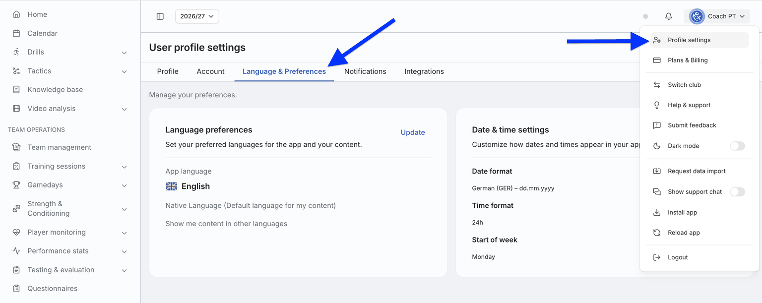 Profile Settings of planet.training platform, which is available in 18 different languages