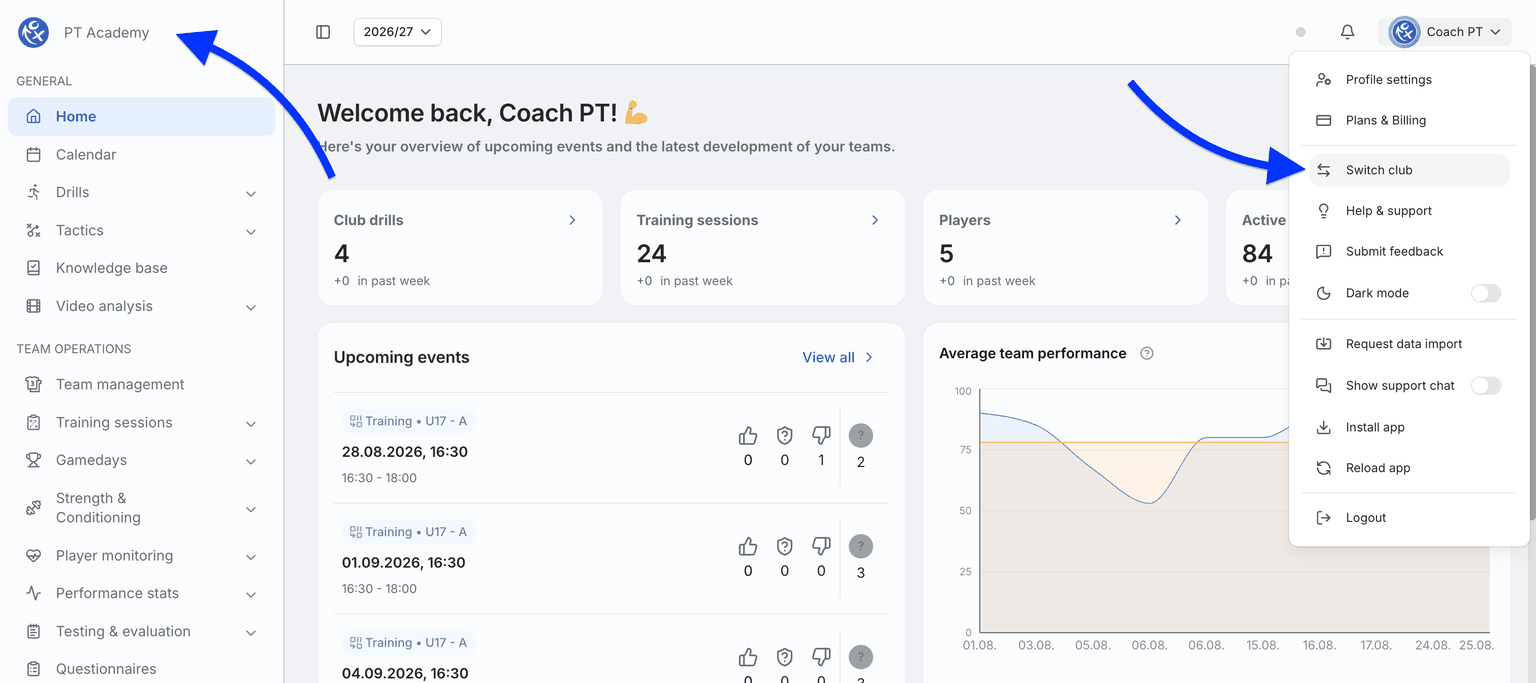 Confirming club identity in planet.training coaching platform