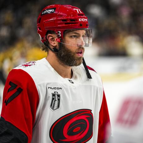 Taylor Hall, Carolina Hurricanes forward, in white away jersey during the 2026 Stanley Cup Playoffs.