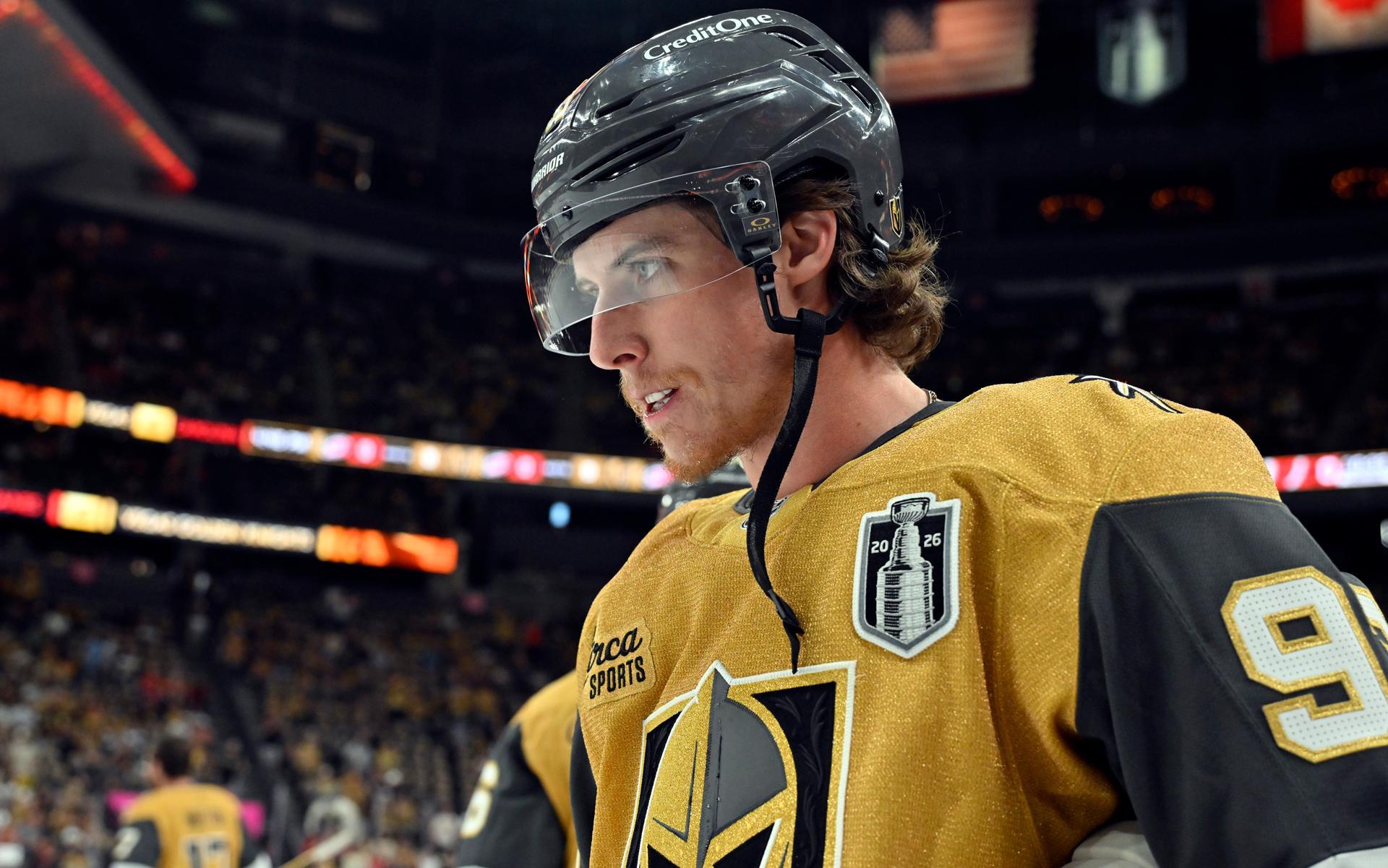 Close-up of Mitch Marner of the Vegas Golden Knights grinning during the Stanley Cup Playoffs.