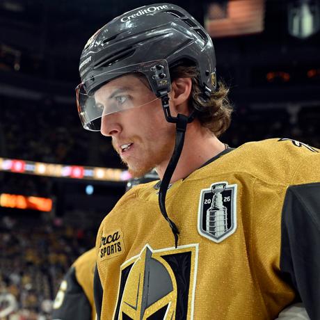 Close-up of Mitch Marner of the Vegas Golden Knights grinning during the Stanley Cup Playoffs.