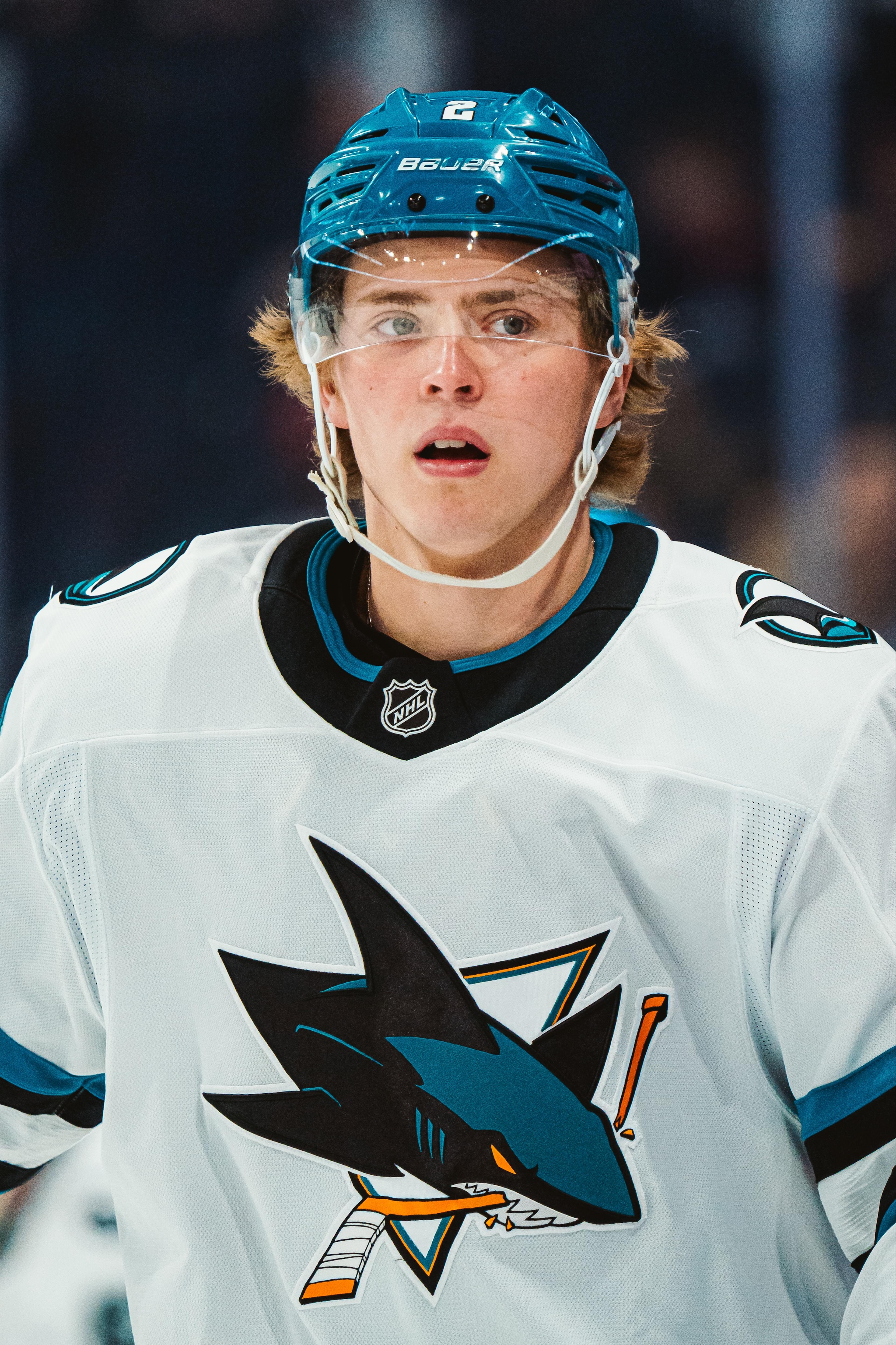 Will Smith, San Jose Sharks center, in white away jersey and teal Bauer helmet.