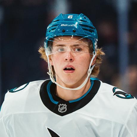 Will Smith, San Jose Sharks center, in white away jersey and teal Bauer helmet.