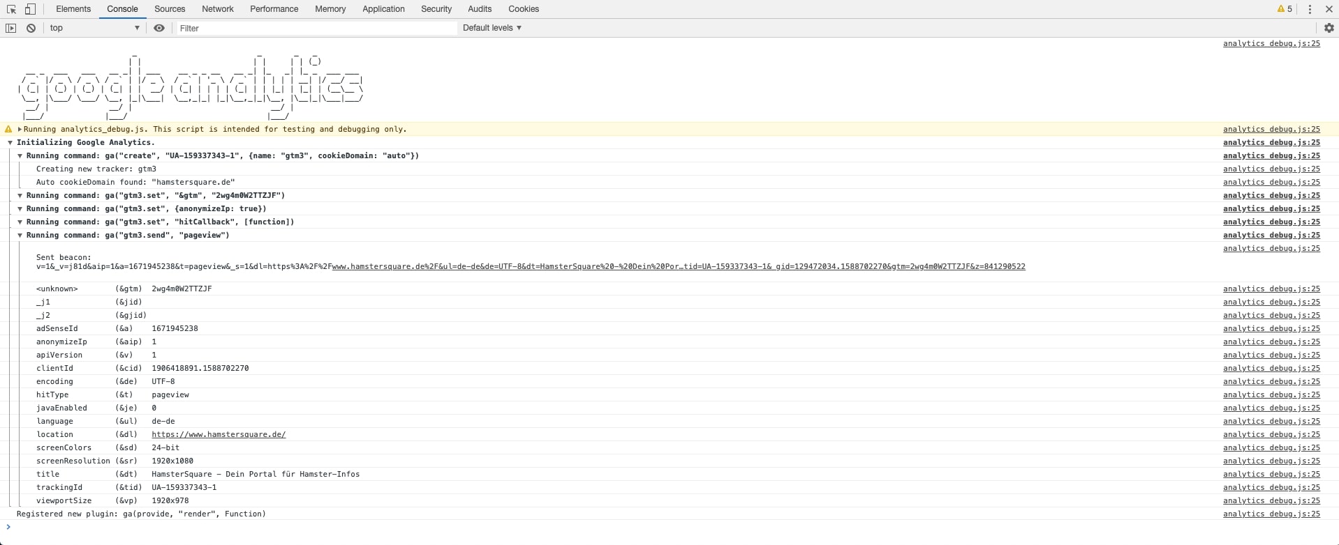 Opened browser console with output of debug information from Google Analytics