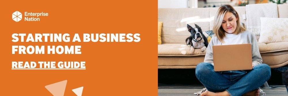 Woman sitting on the floor with a laptop, a dog beside her. Text reads "Starting a business from home. Read the guide."