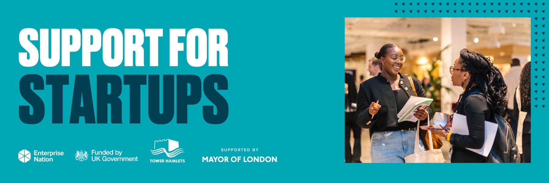 Tower Hamlets: Support for StartUps Banner with "Support for Startups" text, logos and two people discussing in a modern indoor setting.