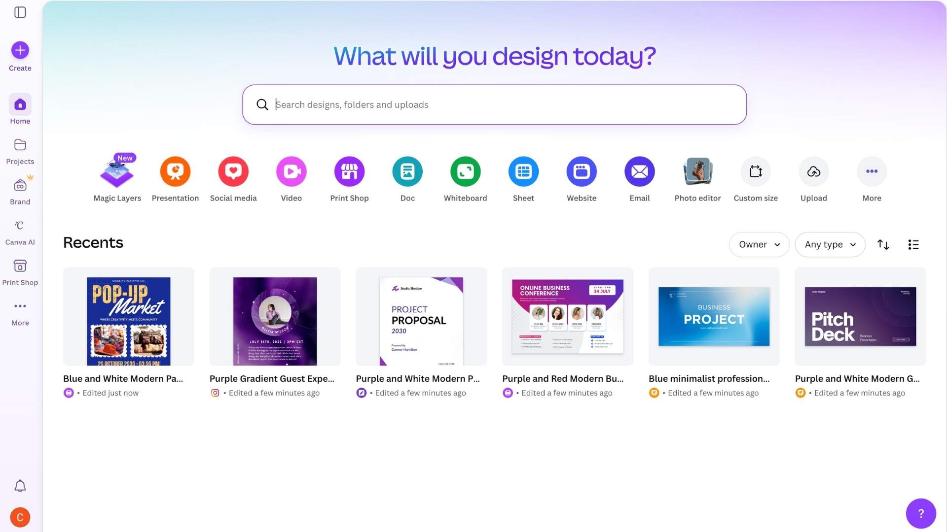 How the homepage looks in Canva Design software interface with a search bar, colourful icons for different tools, and recent project thumbnails displayed below.
