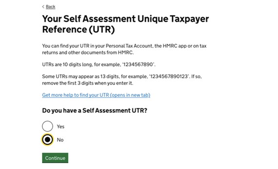 Screenshot of a webpage about finding a Unique Taxpayer Reference (UTR), with options to select "Yes" or "No" for having a UTR.